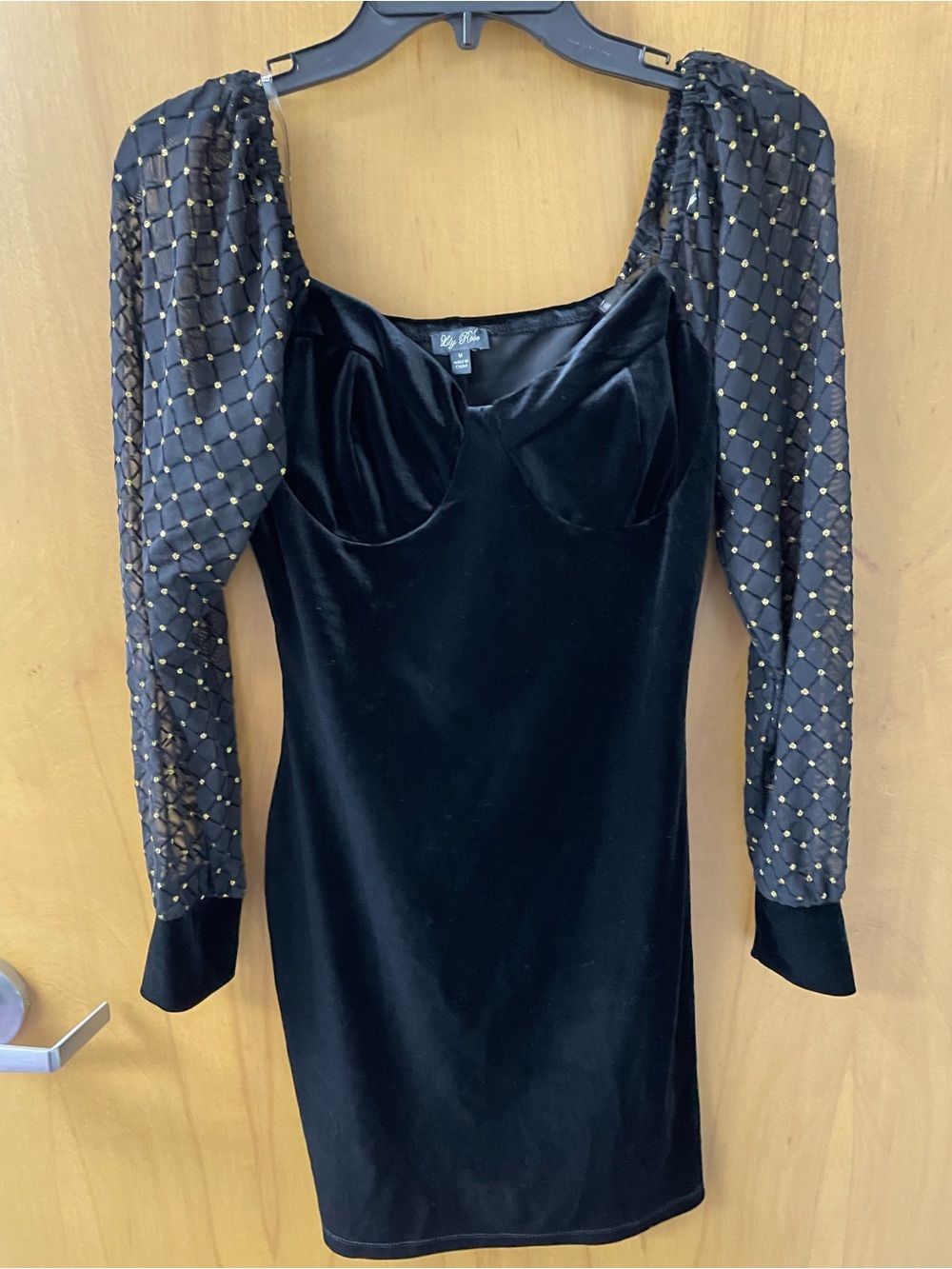Lily Rose Black Bodycon Velvet Dress Gold-Dot Sheer Sleeves Scoop Neck Womens M